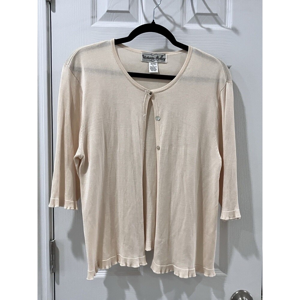 Victoria Holley Silk Sweater Cardigan Knit Blush Pink Jewel Button